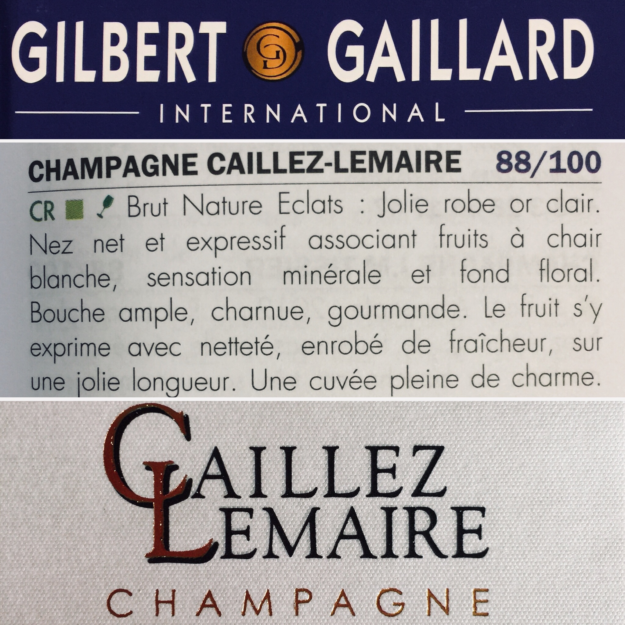 Champagne d'assemblage : Chardonnay, pinot noir, meunier ; vinification majoritaire en fûts de chêne ; 5 ans sur lattes.